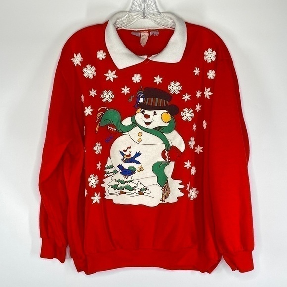Vintage Tops - Vintage Red Snowman Bird Winter Christmas Sweatshirt XL